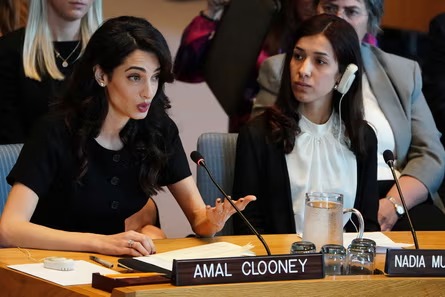 Amal Clooney (left), who is involved in a lawsuit brought against Lafarge by Yazidi victims of Islamic State.